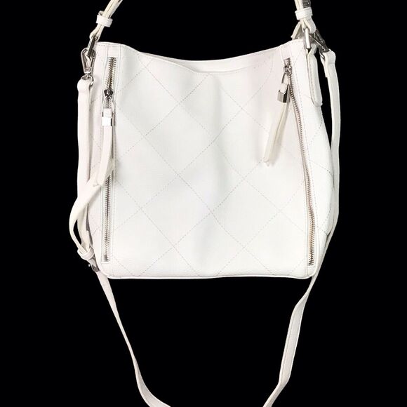 Sondra Roberts White Faux Leather Shoulder Bag Multi Zip Pockets Medium - Picture 3 of 16